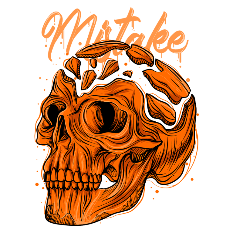 Ilustração de um crânio estilizado em laranja com fragmentos quebrados, acompanhado pela palavra "Mistake". A arte destaca detalhes dinâmicos e expressivos, ideal para designs criativos e modernos.