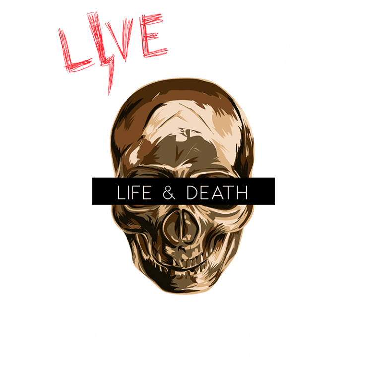 Imagem com uma caveira estilizada ao centro, acompanhada das frases "LIVE FREE" e "DIE TRYING", e a expressão "LIFE & DEATH" em destaque. Design gráfico com cores contrastantes e estilo moderno, simbolizando a dualidade da vida e da morte.