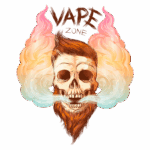 Ilustração de um crânio com barba e cabelo, rodeado por nuvens de vapor colorido, representando a cultura do vape. A arte inclui o texto "VAPE ZONE" em destaque no topo.