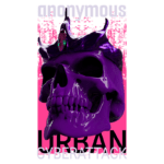Caveira roxa com coroa brilhante destacando a temática de ataques cibernéticos urbanos, com fundo rosa e letras em destaque da palavra "ANONYMOUS".