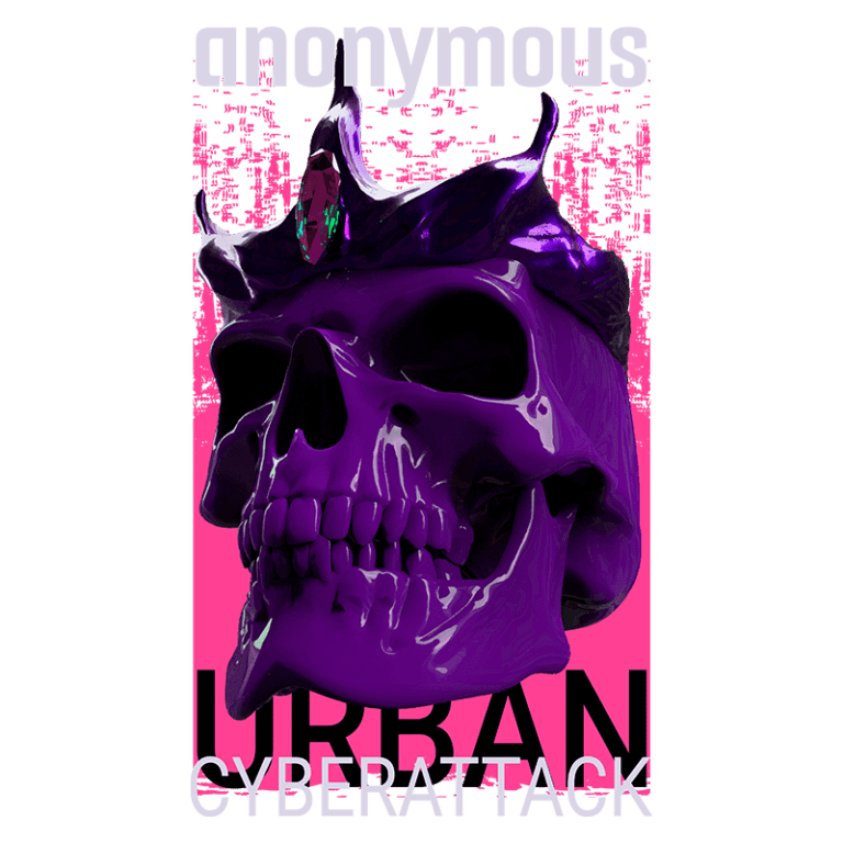 Caveira roxa com coroa brilhante destacando a temática de ataques cibernéticos urbanos, com fundo rosa e letras em destaque da palavra "ANONYMOUS".
