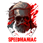Ilustração de um crânio com cabelo loiro e barba, usando óculos escuros, com um fundo em tons de vermelho e preto. Abaixo, o texto "SPEEDMANIAC". Design em estilo moderno e ousado, ideal para cultura de motocicletas e fãs de velocidade.