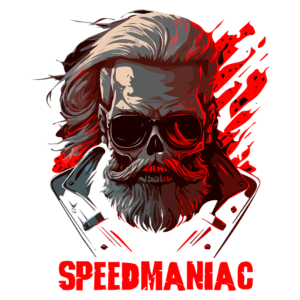 Ilustração de um crânio com cabelo loiro e barba, usando óculos escuros, com um fundo em tons de vermelho e preto. Abaixo, o texto "SPEEDMANIAC". Design em estilo moderno e ousado, ideal para cultura de motocicletas e fãs de velocidade.