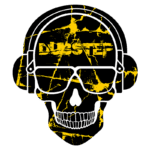 Ilustração de um crânio estilizado com fones de ouvido e óculos, apresentando o texto "DUBSTEP" em fundo amarelo com efeitos de rachadura. Design moderno e vibrante relacionado à cultura da música eletrônica.