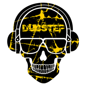 Ilustração de um crânio estilizado com fones de ouvido e óculos, apresentando o texto "DUBSTEP" em fundo amarelo com efeitos de rachadura. Design moderno e vibrante relacionado à cultura da música eletrônica.