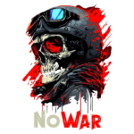 Imagem de um crânio estilizado com óculos de sol e capacete, ressaltando a mensagem de paz com a frase "No War" em destaque. O fundo apresenta salpicos de tinta vermelha, simbolizando a crítica à violência e à guerra. Ideal para promover uma mensagem anti-guerra e arte digital contemporânea.