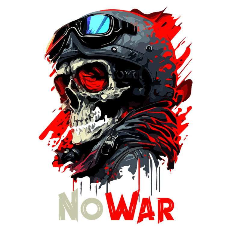Imagem de um crânio estilizado com óculos de sol e capacete, ressaltando a mensagem de paz com a frase "No War" em destaque. O fundo apresenta salpicos de tinta vermelha, simbolizando a crítica à violência e à guerra. Ideal para promover uma mensagem anti-guerra e arte digital contemporânea.
