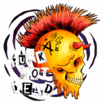 Ilustração de um crânio estilizado com cabelo moicano vermelho, adornado com garras e estrelas, acompanhado da frase "PUNK NOT DEAD" em letras impactantes. O design reflete a estética punk e a rebeldia da cultura.