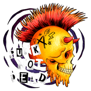 Ilustração de um crânio estilizado com cabelo moicano vermelho, adornado com garras e estrelas, acompanhado da frase "PUNK NOT DEAD" em letras impactantes. O design reflete a estética punk e a rebeldia da cultura.