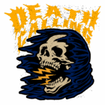 Ilustração de uma caveira com um fundo de nuvens escuras e raios amarelos, acompanhada da frase "Death Calling" em letras estilizadas. Design gráfico com tema sombrio e vibrante, ideal para camisetas e produtos de cultura alternativa.
