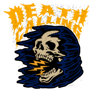 Ilustração de uma caveira com um fundo de nuvens escuras e raios amarelos, acompanhada da frase "Death Calling" em letras estilizadas. Design gráfico com tema sombrio e vibrante, ideal para camisetas e produtos de cultura alternativa.