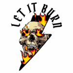 Imagem de uma caveira com chamas ao redor, acompanhada do texto "LET IT BURN". Design gráfico com elementos de fogo e um raio, transmitindo uma estética ousada e rebelde. Ideal para produtos de moda, tatuagens ou arte alternativa.