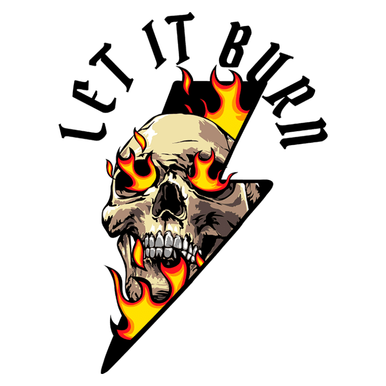 Imagem de uma caveira com chamas ao redor, acompanhada do texto "LET IT BURN". Design gráfico com elementos de fogo e um raio, transmitindo uma estética ousada e rebelde. Ideal para produtos de moda, tatuagens ou arte alternativa.