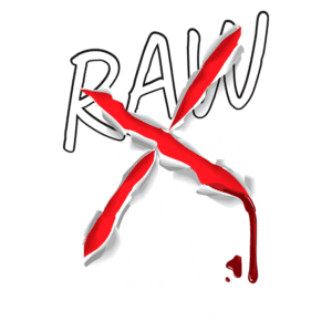 Imagem com o texto "RAW" em destaque, cortado por uma faixa vermelha, sobre um fundo de crânio estilizado. Abaixo, a palavra "sinner" em letras brancas, com um efeito de sangue escorrendo. Ideal para representações de temas sombrios e ousados.