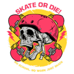 Ilustração de um crânio com um capacete rosa, cercado por skates e raios. Texto em destaque: "SKATE OR DIE!" e "NO SCHOOL, NO WORK JUST SKATE". Design vibrante e ousado, representando a cultura do skate.