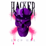 Caveira roxa com coroa espinhosa e fundo em spray rosa, acompanhada da frase "HACKER STOP WAR", simbolizando uma mensagem de protesto e resistência.