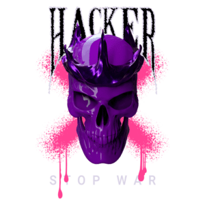 Caveira roxa com coroa espinhosa e fundo em spray rosa, acompanhada da frase "HACKER STOP WAR", simbolizando uma mensagem de protesto e resistência.
