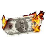 Nota de cem dólares com uma caveira no centro, cercada por chamas, simbolizando a efemeridade do dinheiro.