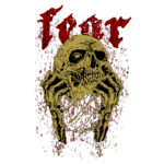 Arte de um crânio preso entre mãos esqueléticas, com a palavra "Fear" em destaque, em um estilo gótico. Ideal para aficionados por estética sombria e cultura alternativa.