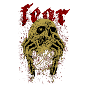Arte de um crânio preso entre mãos esqueléticas, com a palavra "Fear" em destaque, em um estilo gótico. Ideal para aficionados por estética sombria e cultura alternativa.