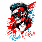Ilustração de um crânio estilizado com óculos escuros e cabelo moicano, vestindo uma jaqueta de couro, em um fundo vibrante com estrelas vermelhas e azuis. O texto "Rock & Roll" está destacado em azul e vermelho, simbolizando a cultura rock.