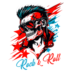 Ilustração de um crânio estilizado com óculos escuros e cabelo moicano, vestindo uma jaqueta de couro, em um fundo vibrante com estrelas vermelhas e azuis. O texto "Rock & Roll" está destacado em azul e vermelho, simbolizando a cultura rock.