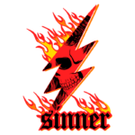 Imagem de uma arte estilizada com um raio em chamas, incorporando uma caveira no design, e a palavra "sinner" em letras destacadas. A paleta de cores inclui vermelho, preto e laranja, evocando um tema ousado e rebelde.