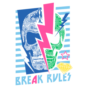 Imagem grafica colorida com duas caveiras e elementos como raios, uma estrela e um diamante, acompanhada do texto "BREAK RULES". Design moderno e ousado, ideal para expressar uma atitude rebelde.