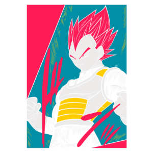 Ilustração colorida de personagem com cabelo rosa, destacando uma pose de luta. O personagem está vestido com uma armadura amarela e detalhes em preto, com um fundo vibrante em azul e rosa. Ideal para fãs de animação e cultura pop.