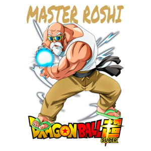 Imagem do Mestre Roshi, personagem icônico de Dragon Ball Super, preparando uma técnica poderosa com uma esfera de energia azul. Ele é reconhecido por seu visual característico, incluindo óculos escuros e sandálias, destacando-se como um dos mestres mais respeitados da série.