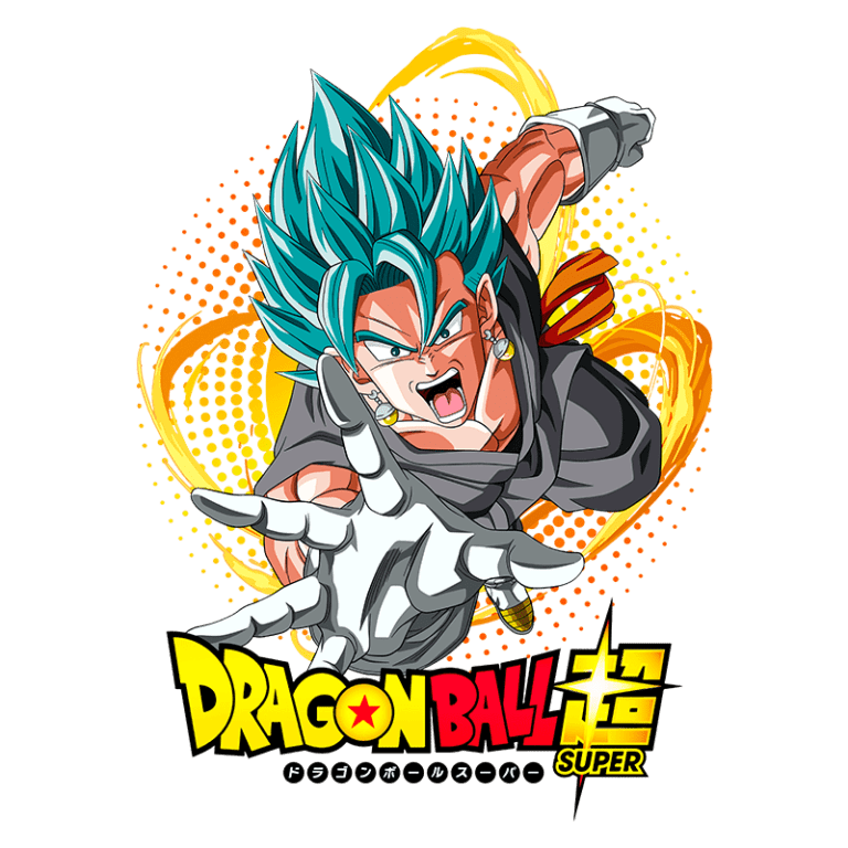 Imagem do personagem de anime Dragon Ball Super, destacando uma transformação poderosa com cabelo azul e vestimenta escura, em uma pose dinâmica, acompanhado do logotipo da série em cores vibrantes.
