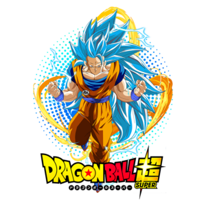 Imagem do personagem Goku em transformação Super Saiyajin Blue, da série Dragon Ball Super, com cabelo azul e um traje laranja. A arte vibrante destaca sua força e energia, com efeitos de aura ao redor.