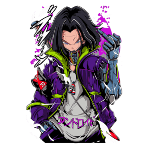 Personagem fictício de anime com cabelo longo e preto, usando uma jaqueta roxa e verde. Ele possui um braço cibernético e acessórios metálicos, com uma expressão desafiadora. O fundo é verde, destacando as cores vibrantes do personagem.
