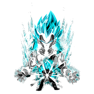 Imagem do personagem Vegeta em sua forma Super Saiyajin Blue, com cabelo azul vibrante e uma aura energética ao redor. O fundo apresenta efeitos visuais que ressaltam a intensidade do poder do personagem.