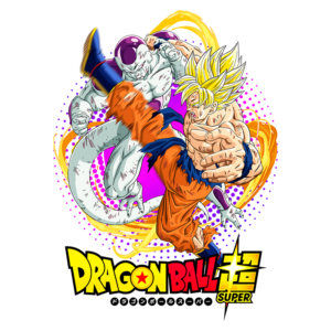 Goku e Freeza em uma batalha intensa, com Goku lançando um golpe poderoso enquanto Freeza se defende. O fundo colorido destaca a ação da cena. Logotipo de Dragon Ball Super na parte inferior.