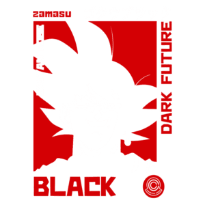Ilustração de Zamasu como Black Goku, personagem de Dragon Ball, em um design gráfico estilizado. O fundo vermelho destaca o nome "SAIYAN ROSE" e "DARK FUTURE" em letras brancas e vermelhas. Ideal para fãs de animes e cultura pop.