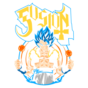 Imagem de um personagem de anime com cabelo azul, segurando bastões com esferas do dragão, acompanhado pela palavra "FUSION" em destaque. Ideal para fãs de Dragon Ball e cultura pop japonesa.