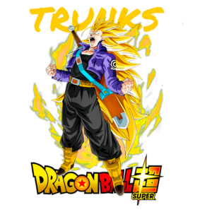 Trunks transformado em Super Saiyajin, com cabelo dourado e gritando de poder, em destaque no fundo de chamas, representando a série Dragon Ball Super.