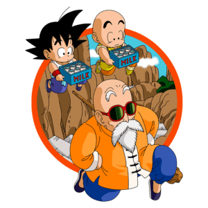 Goku e Krillin carregam caixas de leite, enquanto o Mestre Kame observa, em um cenário montanhoso, representando a amizade e as aventuras de Dragon Ball.