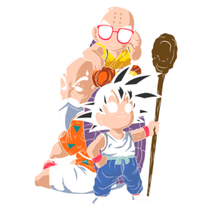 Personagens de Dragon Ball, incluindo Goku, Mestre Kame e Krillin, em uma ilustração colorida, destacando suas características icônicas e poses dinâmicas.