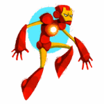 Ilustração estilizada do Iron Man em pose de ação, destacando suas cores vermelha e dourada, com o reator arc brilhante no peito e um fundo azul. Ideal para fãs de super-heróis e cultura pop.