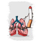 Imagem ilustrativa de pulmões atados a um cigarro, simbolizando os efeitos nocivos do fumo na saúde respiratória.