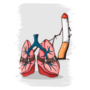 Imagem ilustrativa de pulmões atados a um cigarro, simbolizando os efeitos nocivos do fumo na saúde respiratória.
