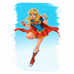 Supergirl em pose heroica, vestindo um traje azul e vermelho com capa, cabelos loiros e tênis vermelhos, contra um fundo azul claro.