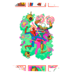 Ilustração colorida do Homem-Aranha em ação, lutando contra inimigos com elementos de ficção científica, como robôs e efeitos visuais vibrantes. A cena é cercada por nuvens de fumaça verde e detalhes dinâmicos que destacam a energia do combate.