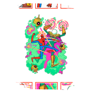 Ilustração colorida do Homem-Aranha em ação, lutando contra inimigos com elementos de ficção científica, como robôs e efeitos visuais vibrantes. A cena é cercada por nuvens de fumaça verde e detalhes dinâmicos que destacam a energia do combate.