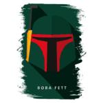 Ilustração estilizada do capacete de Boba Fett, personagem icônico de Star Wars, com detalhes em verde, vermelho e preto.