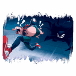 Personagem cartoon correndo assustado com um porquinho nas mãos, enquanto uma sombra ameaçadora se aproxima. Fundo azul com elementos de ação e surpresa.