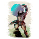 Personagem de ficção com aparência de predador, segurando uma caveira e posando em uma rocha, com um fundo com uma lua azul e elementos de vegetação. A arte combina elementos de ficção científica e ação.