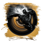 Super-herói em traje de combate preto, realizando uma acrobacia dinâmica em um fundo circular de cores dourada e preta, com nuvens escuras ao fundo. Ideal para temas de ação e cultura pop.